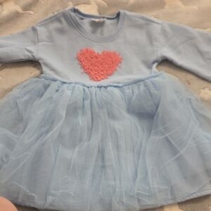 5T Baby Blue Sweatshirt Dress With Pink Heart And Ruffles. NWOT